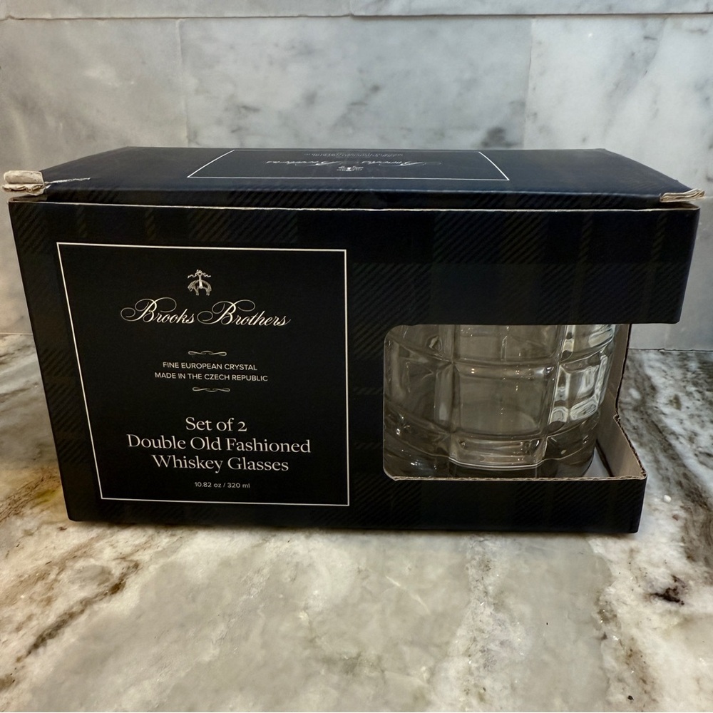 2 Brooks Brothers Tartan Plaid Crystal Double Old Fashioned Whiskey Glass Set 2 - Picture 2 of 5